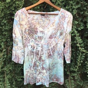 3/4 sleeve floral print embellished v-neck top